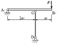 图中AB为刚性梁，低碳钢撑杆CD直径 d=40mm，长l=1.2m，E=200GPa，试计算失稳时的