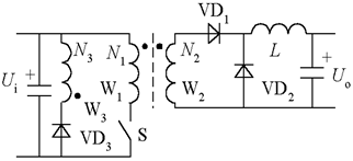 图示为单端正激式直流变换电路，已知开关S控制信号的占空比为α，在输出滤波电感电流连续的情况下，输出电