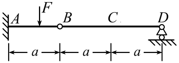 图示梁中，若已知截面B的挠度为，则截面C的挠度和转角分别为 。 