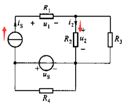 如图所示，电阻、电压源和电流源为已知，且为正值，若电阻R1增大，则电压u1将（），电流源两端电压ui