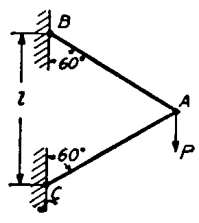 如图所示桁架中的两等截面直杆，具有相同的长度和横截面积，材料弹性模量为。 铰A处作用有一竖直向下的载