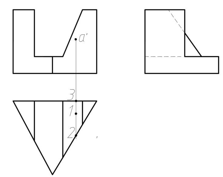 已知被挖切后三棱柱的三视图，请问棱柱表面上空间点A的正面投影位置与俯视图中的（）点符合点的投影规律，