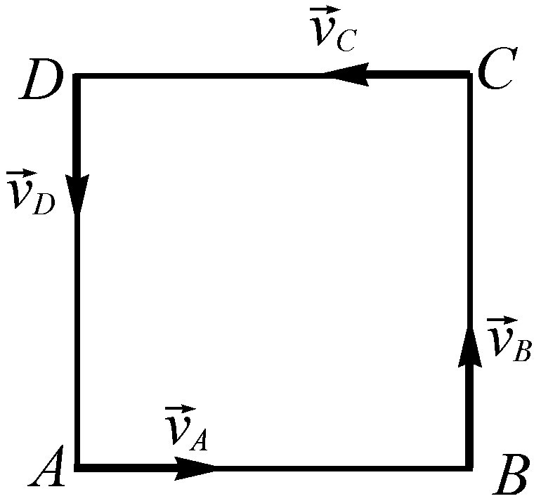 一正方形平面图形在其自身平面内运动，若其顶点A，B，C，D的速度方向如图所示，则该运动是可能的。  