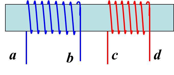 如图，两个线圈的自感系数分别为和，两线圈之间的互感为，如果将b 和d 两端相连，则整个线圈的自感系数