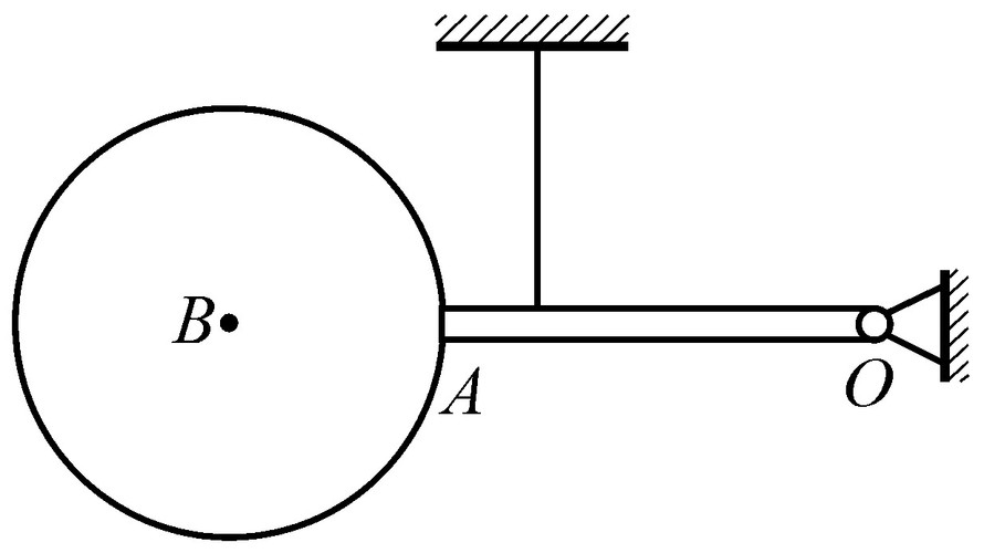 图示均质杆OA长，质量为         ，在A处与半径为         、质量为        