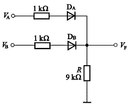 【计算题】电路如图所示，试求下列几种情况的输出电位V及流过各电阻的电流：（1）VA=10 V，VB=