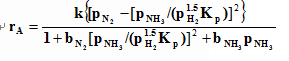 若某铁催化剂上氨合成反应速率由氮吸附所控制，并设表面吸附态有氨及氮,下列均匀表面吸附模型动力学方程正