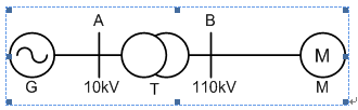 下图中，母线A的额定电压为10kV，母线B的额定电压为110kV，试写出电网的其它电气设备发电机G、