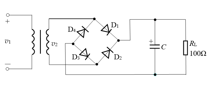 【填空题】单相桥式整流电容滤波电路如下图所示，电网频率f=50Hz。为了使负载能得到30V的直流电压