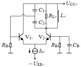 差分对振荡器如图所示，电感L = 3.8 mH，电容C1 = 330 pF，C2 = 33 pF，忽