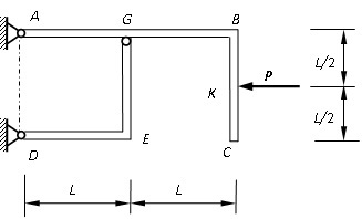 平面支架由两个直角弯杆ABC和DEG在G处铰接组成，载荷P=60 kN，尺寸如图所示（尺寸单位为m）