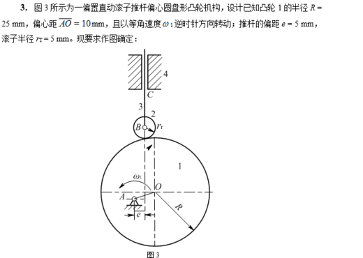  凸轮由图示位置逆瞬时针转过45°时推杆的位移s和凸轮机构的压力角α；