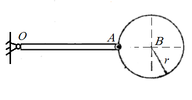图示均质杆OA，质量为m，长度为2r，一端用铰支座固连在墙壁上，另一端用光滑铰链A与均质圆盘B相连。