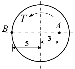 图示受扭转作用圆轴，已知A点处的切应力为9 MPa，则B处的切应力为 。 
