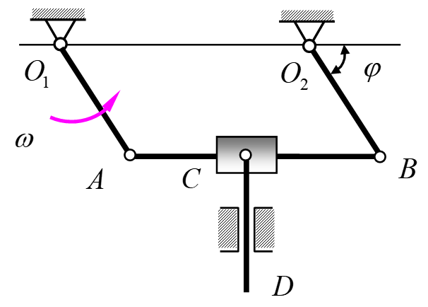 在图示平面机构中, O1A=O2B, O1A∥O2B, O1A以匀角速度ω（逆时针)绕 O1轴转动时