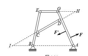 如图所示，平面杆件结构由刚性杆AG、BE、CD和EG铰接而成，A、B处为固定铰支座。在杆AG上作用一