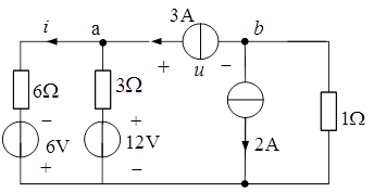 如图所示电路，用叠加定理求3A电流源两端的电压u和电流i。 