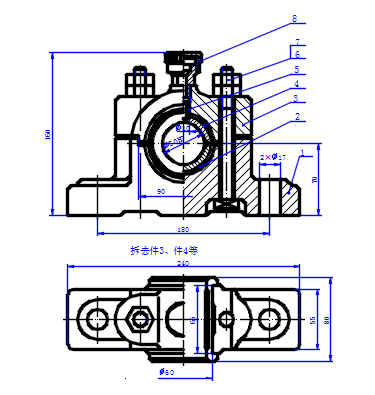 在滑动轴承装配图中主视图采用半剖视，表达滑动轴承的装配关系、连接和润滑情况。是装配图中特有的表达方法