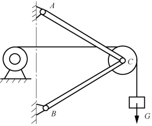 如图所示的提升系统中，若不计各构件自重，试画出杆AC，BC，滑轮C及销钉C的受力图。 