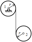 如图所示，匀质圆轮1、2质量都为m，半径都为r，轮1上缠绕的细绳另一端缠绕在轮2上。开始时直线绳段竖