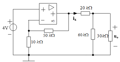 如图所示理想运算放大器电路，求电流ix、uo以及60kΩ电阻吸收的功率。 