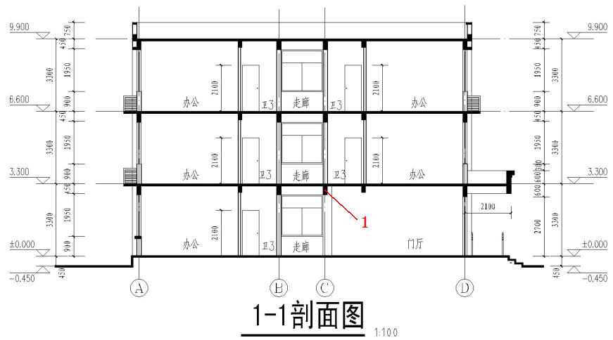 识读上海科达汽车销售服务有限公司盱眙4S店项目办公楼施工图，在1-1剖面图中剖切到的楼板层下面并与楼