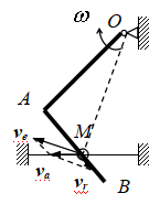 图示机构中，直角形杆OAB在图示位置的角速度为w，其转向为顺时针向。取小环M为动点，动系选为与直角形