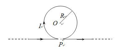 如图所示，真空中，无限长直导线在P处弯成半径为的圆，当导线中通有稳恒电流 时，则在圆心O处产生的磁感