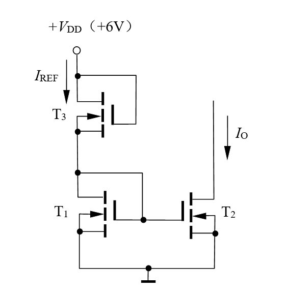 【填空题】MOS管组成的基本镜像电流源电路如下图所示，已知输出电流IO=3μA，三个MOS管的参数相