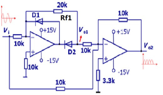 如图所示，电路中Rf1错误连接为10K电阻，输出信号Vo2会出现 