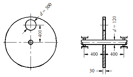 图示钢质圆盘有一偏心圆孔，圆盘的比重为。若圆盘绕轴以等角速度w =40rad/s旋转，则由于偏心圆孔