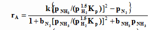 若某铁催化剂上氨合成反应速率由氮吸附所控制，并设表面吸附态有氨及氮,下列均匀表面吸附模型动力学方程正
