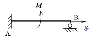 四、图中梁AB=L，梁中间作用集中力偶M，梁材料弹性模量为E，梁的惯性矩IZ，求梁的挠度方程。 