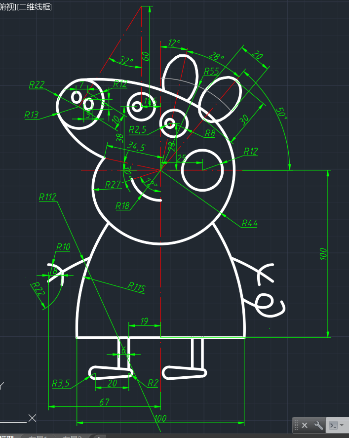 根据CAD制图技巧，按要求画出小猪佩奇，也可以是别的相似难度的图形，尽情发挥你的想象和能力吧。需要标