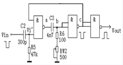 实验中门电路构成的单稳触发器电路， [图] 当Vc进入暂...实验中门电路构成的单稳触发器电路，  