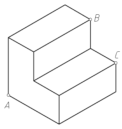 画出给定立体的三面投影图，并在三面投影图中注明A、B、C点的三个投影位置。 