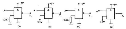 TTL门电路如图所示，其中可以实现   的逻辑电路有： , 已知关门电阻Roff=0.91kΩ，开门