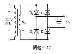 电路如图题9.17所示。桥式整流电路接入电容滤波后，二极管导通角（）。 