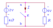 图示电路中，当开关K断开时Uab=0V，则R值为（）。  