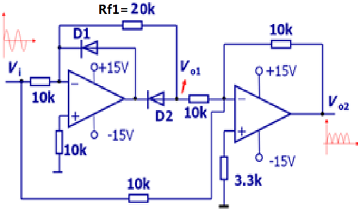 如图所示电路中，若Rf1错误连接为10KΩ电阻时，输出信号Vo会出现以下哪种现象？ 