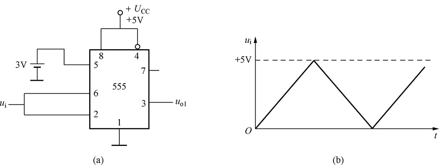 分析下图（a）所示的555芯片组成的电路，要求： （1） 说明电路的功能； （2） 给出上门限电压值