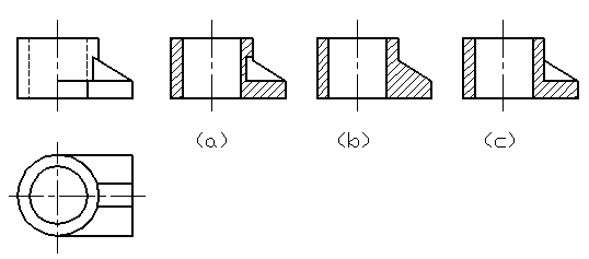 已知立体的主视图和俯视图，这里是三种主视图的全剖视，画得正确的是（）。 