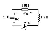 选择题： 在图示电路中，开关S在t=0瞬间闭合，若uC（0-）=5V，则uR（0+）=（）。  A.