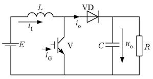 下图所示电路，已知E=100V，L值和C值极大，开关管V采用PWM控制方式，PWM波形的周期T=50