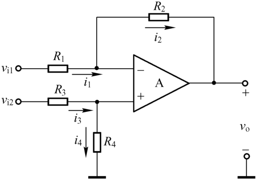 考虑如图所示的求差电路，要求其输入电阻为20kΩ，增益为10，求4个电阻的阻值。 