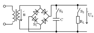 图所示电路中，已知变压器副边电压的有效值为U=10V，当S1、S2闭合，S3断开时，输出电压平均值U