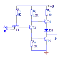 观察下图三极管电路。当输入端A、B都为低电平时，T4的基极是高电平。 