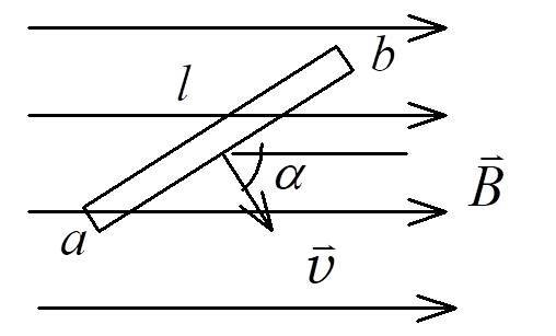如图，长度为的直导线ab在均匀磁场中以速度移动，直导线ab中的电动势为［ ］ A、0B、C、D、