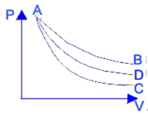 下图为某气体的p－V 图。图中A→B为恒温可逆变化，A→C为绝热可逆变化，A→D为多方不可逆变化。B