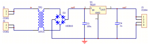 稳压电源电路如图1所示，先将电路图中不符合国家标准GB4728的元器件符号及标号进行改正，使之符合该